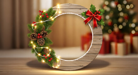 Cristmas Wooden Frame wiyh barries and Bow isolated image