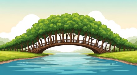 Fototapeta premium Enchanting Tree Bridge Arching Over Serene River in Lush Green Landscape.