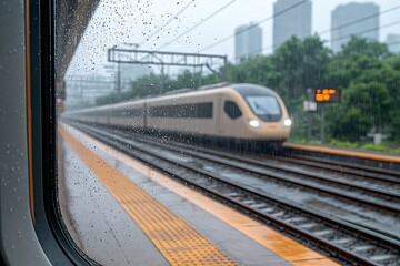 Naklejka premium Train Passing Through Rainy Station Window in Urban Setting with Blurred Background of Buildings