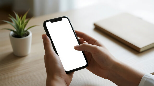 A calm, faceless person using a budgeting app on their smartphone at a clean desk