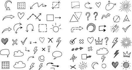 Naklejka premium Hand Drawn Arrows, Hearts, Clouds, Sun, Lightning Bolts, Shapes, Symbols on White Paper