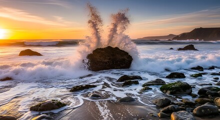 Majestic ocean waves crashing against dark rocks at sunset with coastal hills in the distance