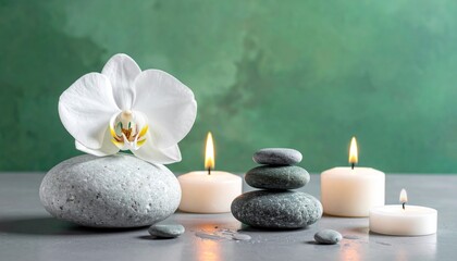 Serene Spa Scene Orchid, Candles, and Balanced Stones for Relaxation and Wellness