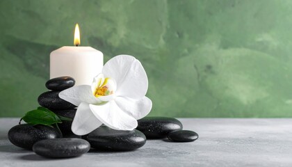 Relaxing Spa Still Life with Candle, Orchid and Stones on Grey Background