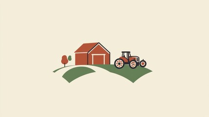 Farming equipment action in rural landscape tractor and barn illustration graphic design minimalist style
