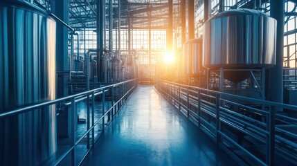 Industrial facility at sunset modern manufacturing urban location high-tech environment dynamic viewpoint