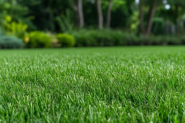 Lush Green Grass with Blurred Background of Trees and Plants in Beautiful Outdoor Setting
