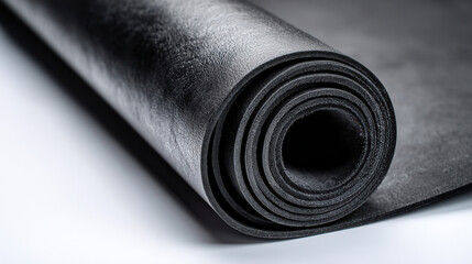 Close-up of rolled black vinyl sheet placed on a flat surface for crafting and design projects in a well-lit workshop setting