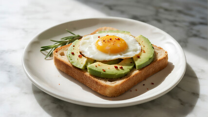A stunning, minimalist top-down flat lay of perfectly styled avocado toast on a marble surface