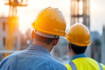 Construction Workers with Hard Hats Watching Sunrise at Building Site During Morning Light