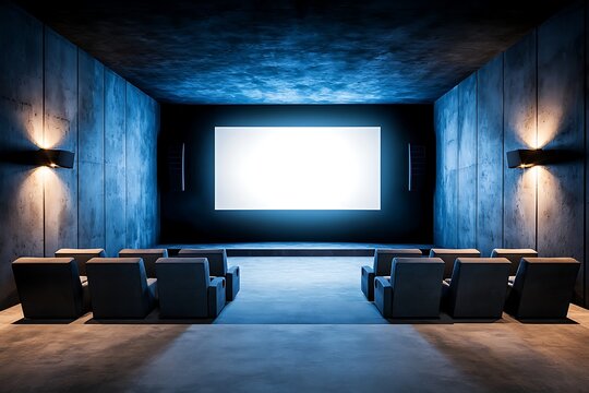 Modern Home Theater with Empty Seating and Large Projector Screen in Stylish Interior Design