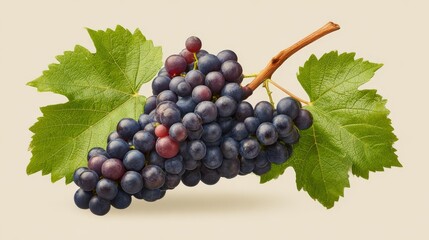 Fototapeta premium A fresh cluster of dark purple grapes with vibrant green leaves and a woody vine on a pale neutral background.