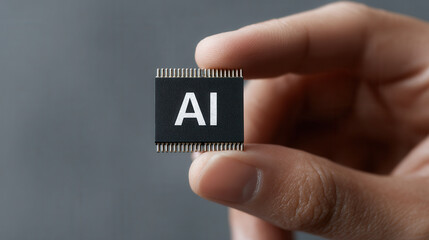 Hand holding a computer chip with AI text displayed on it, representing technology and innovation in modern computing