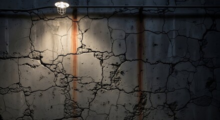 Grunge background concept with a spotlight from an industrial lamp on a decaying and fractured concrete surface in a dark room