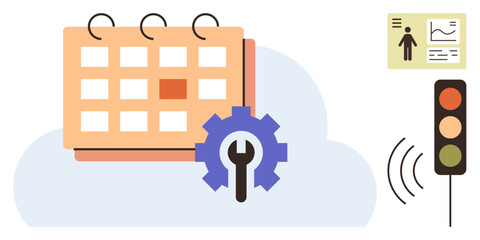 Calendar with settings gear overlay, personal infographic, smart traffic light with wireless signals. Ideal for time management, scheduling, automation, data presentation, technology, workflow