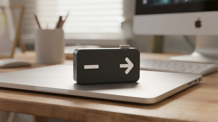 Minimalist icon of a depleted battery symbol on a clean office desk, symbolizing burnout and the need for recharge