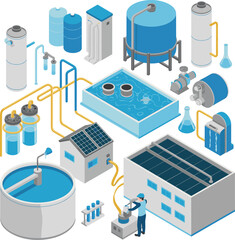 Isometric illustration of modern water treatment plant showing purification tanks, filtration system, pipes, clean water flow, and industrial engineer