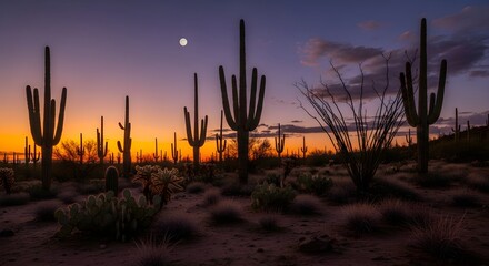 Silhouetted saguaro cacti and ocotillo plants under a twilight sky with a full moon