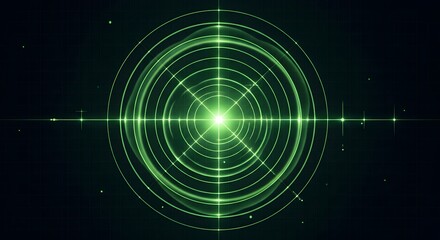 Obraz premium Green radar screen with concentric circles and light beams against a dark background