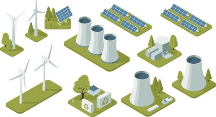 Isometric illustration of renewable energy sources including wind turbines, solar panels, nuclear power plant, and eco-friendly sustainable energy production