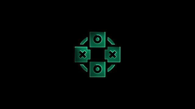 Teal neon circular game controller icon with symbols on black background gaming joystick
