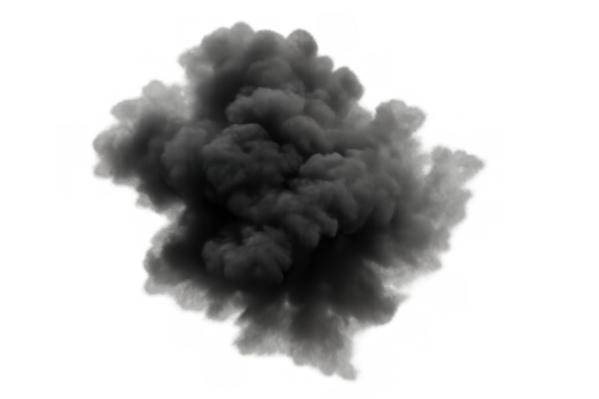 Dark smoke cloud rising, indicating a powerful explosion or fire, creating pollution with a transparent alpha channel background - Powered by Adobe