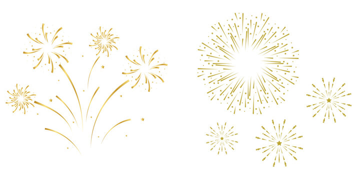 Illustration of several metallic gold style fireworks exploding simultaneously