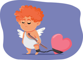 Sad Unhappy Prisoner Cupid Feeling Depressed Vector Cartoon. Unhappy depressed angel of love suffering from anxiety and loneliness 
