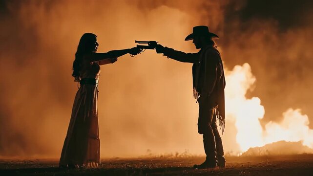 Dramatic Wild West showdown: A woman and cowboy duel with guns at sunset.