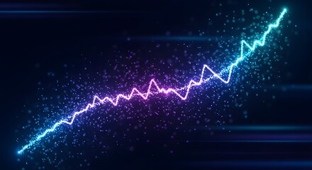 Glowing digital waveform graph with ascending trend amidst scattered particles on dark background