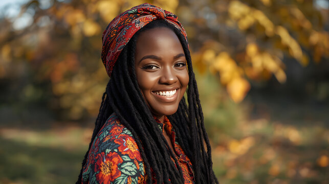 Smiling young woman with long hair wearing colorful floral jacket and headscarf standing outdoors in autumn park, warm natural light highlighting joyful expression and vibrant seasonal atmosphere - Powered by Adobe