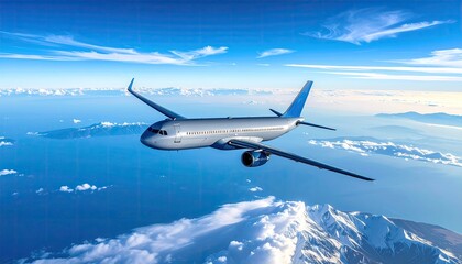 Naklejka premium Passenger Airplane Flying Over Snow Capped Mountains Under A Bright Blue Sky With Wispy Clouds