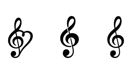 Three Treble Clef Symbols One Heart Shaped on White Background