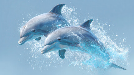 Dolphins leap gracefully above ocean surface during a sunny day at sea