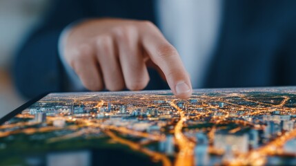 Naklejka premium Business and technology concept with human finger pointing on illuminated digital city map, representing data, innovation and smart urban systems