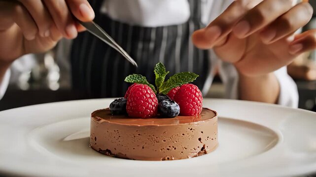 Female chef plating a dessert in a professional kitchen.