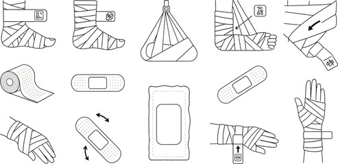 Illustrations of various bandages applied to different body parts and bandage supplies