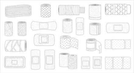A collection of various bandages and medical tapes in a black and white line drawing style illustration
