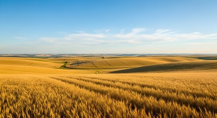 Obraz premium Golden wheat fields under a vast blue sky with wispy clouds rolling hills in the distance