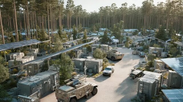 A military base within a forest, featuring armored vehicles, modular buildings, and solar panels