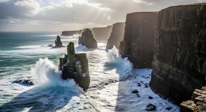 Majestic sea stacks rise from churning ocean waves crashing against dramatic coastal cliffs under a dramatic sky