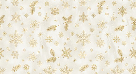 Seamless pattern of golden snowflakes and delicate leaf motifs on a light background, evoking a festive and elegant winter design.