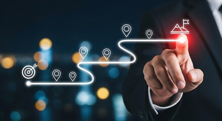 Businessman Touching Digital Strategy Path Showing Business Growth and Success Goals