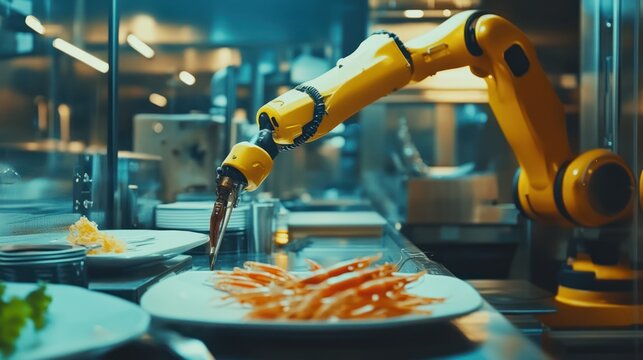 a sleek modern kitchen featuring a robotic arm delicately plating an assortment of vibrant dishes, epitomizing culinary innovation