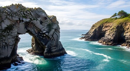 A large natural rock arch formation stands in turquoise ocean water near a green tree topped cliff under a blue sky