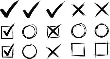 Hand Drawn Brush Stroke Check Marks Cross Marks Circle and Square Shapes Set