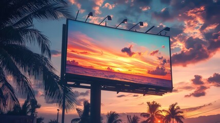 Stunning sunset billboard display overlooking tropical beach outdoor advertising vibrant colors scenic view artistic concept