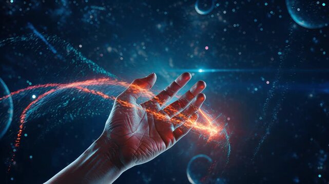 Hand reaching out with glowing orange energy ring in space image photo