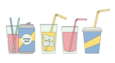 Colorful illustrated collection of various soft drinks and beverages.