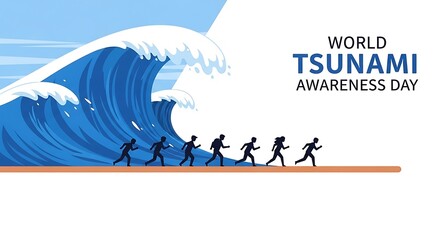 Vector illustration showing a group of people escaping from a giant tsunami wave approaching the shore, a concept for natural disaster awareness